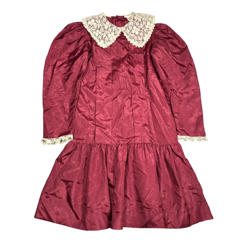 Vintage Peaches n Cream Burgundy Lace Collar Drop Waist Dress Kids Size 10 4702H